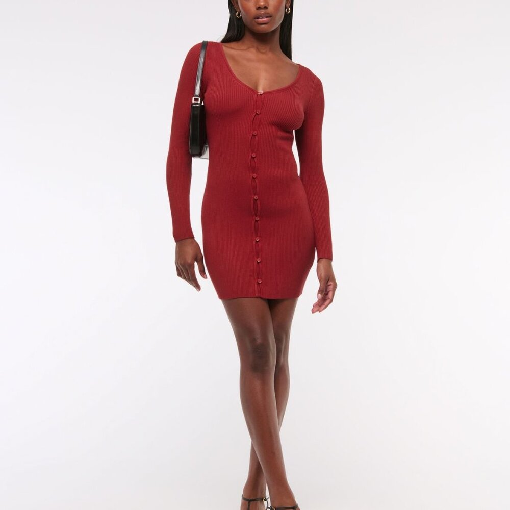 Long-Sleeve Deep-V Mini Sweater Dress
